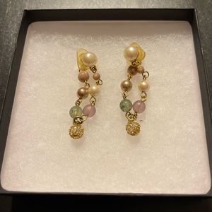 Vintage Art Deco LCi Front Back Jacket Drop Pearl Gem Gold Pierced Earrings